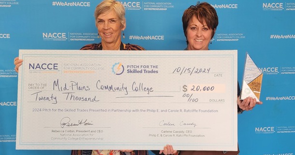 MPCC Ogallala Campus Administrator Mary Pierce (left) and MPCC Dean of Outreach Gail Knott are pictured with a check for $20,000 awarded to the college from the Ratcliffe Foundation after a successful pitch about the MPCC Ready-to-Work: Building Construction Homes for Heroes program during the National Association for Community College Entrepreneurship Innovation in the Heartland Annual Conference.